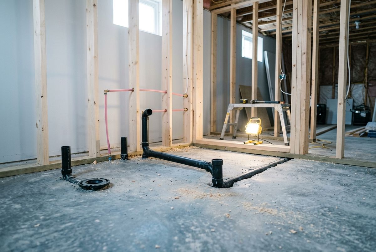 Capped ABS drain and vent stubs in a Calgary basement concrete slab, roughed in for a future bathroom