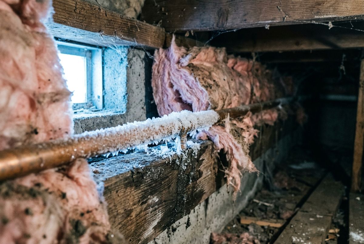 A frozen copper water line running through an uninsulated rim joist in a Calgary basement