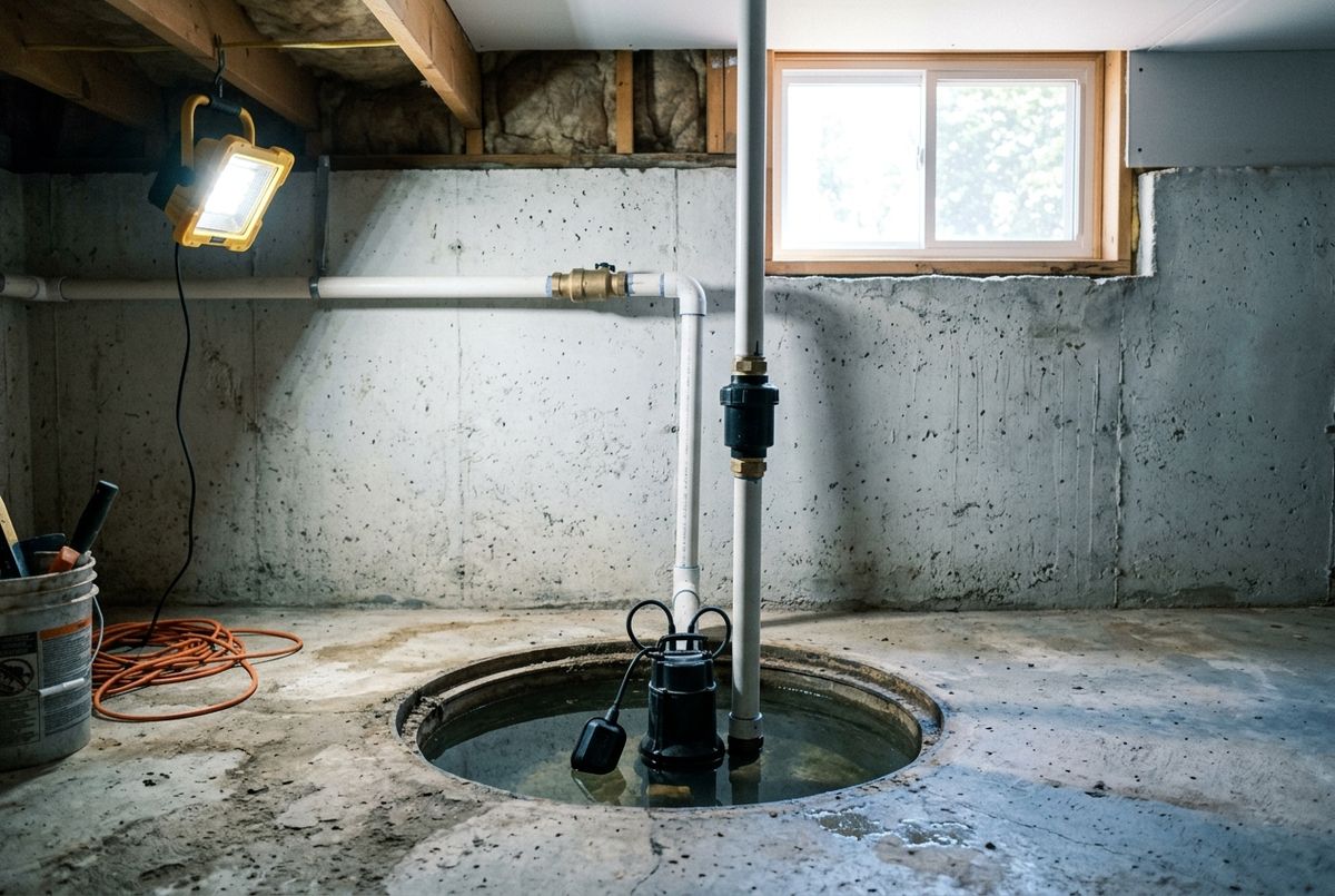 Submersible sump pump sitting in a lined pit in the concrete floor of a Calgary basement